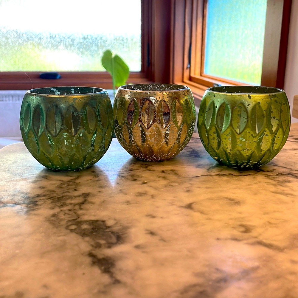 Set of 3 glazed votive candle holders in excellent condition!